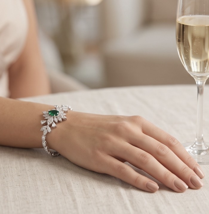 Giovanna - Authentic 4.5 carat Colombian Emerlad .925 Sterling Silver handcrafted Statement bracelet - Worn on wrist: Emerald bracelet, white wine nearby on table.