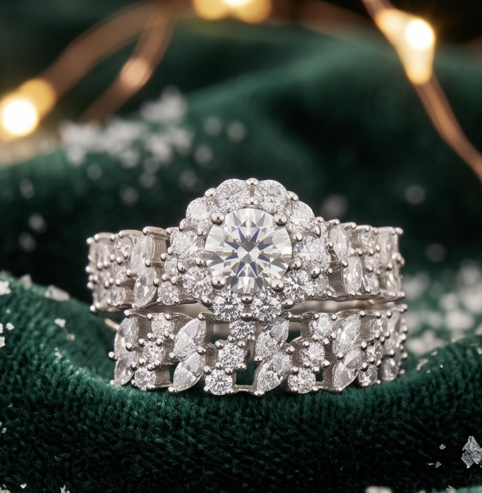 Pure Love Spectacular 7.9 carat White Topaz .925 Sterling Silver stacking ring size 8 - Close-up of Pure Love 7.9 carat white topaz ring on green velvet.