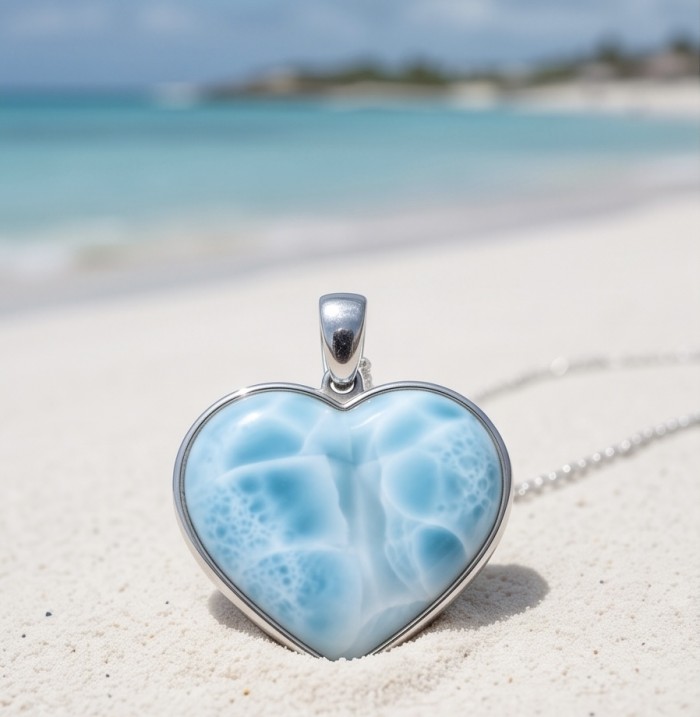 Blue Angel's Heart amazing quality natural Larimar .925 Sterling Silver handmade pendant - Close-up of heart-shaped blue Larimar pendant on sandy beach.
