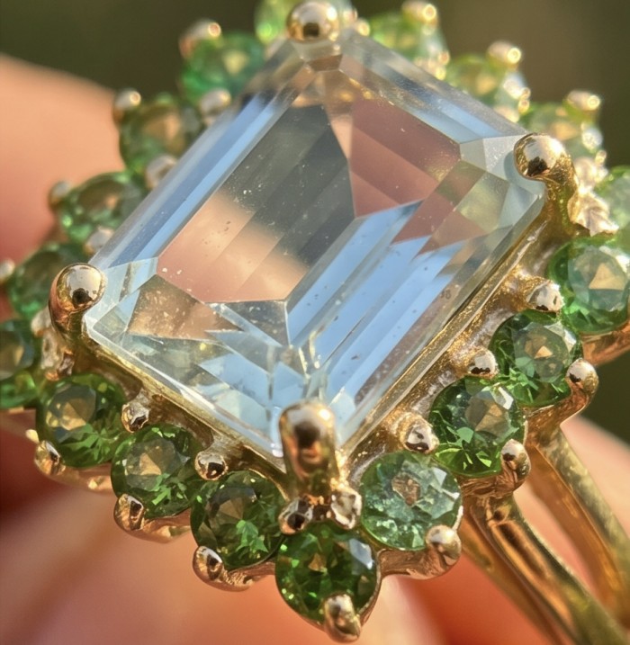 4.2 carat Green Amethyst 18K Gold over .925 Sterling Silver Handcrafted Ring size 7 - Close-up of 4.2 carat green amethyst ring in 18K gold over sterling silver