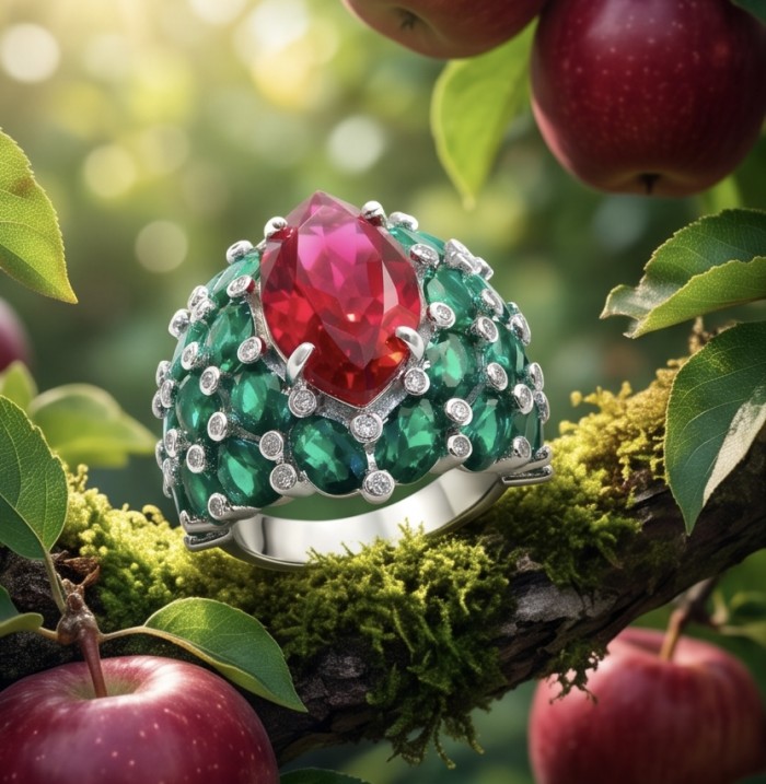 Giovanna 28.6 carat Ruby Emerald .925 Sterling Silver dipped rhodium handmade Huge Statement Ring size 8 - Close-up of Giovanna ruby emerald silver ring on a mossy branch.