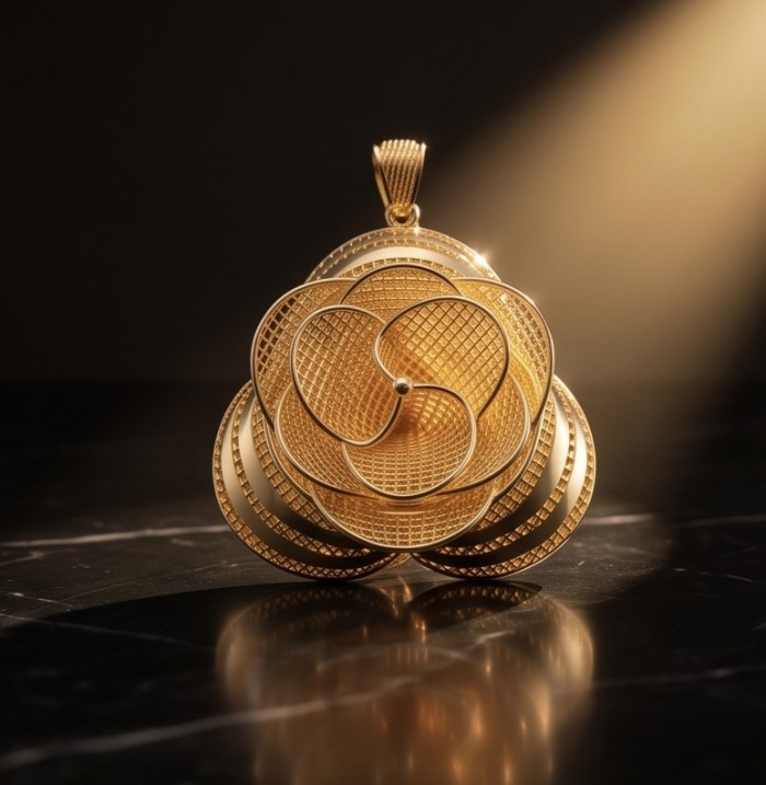 Dubai Style - Golden Rose .925 Sterling Silver dipped in 22K Gold handmade Pendant - Golden rose pendant front view on black surface, spotlighted.