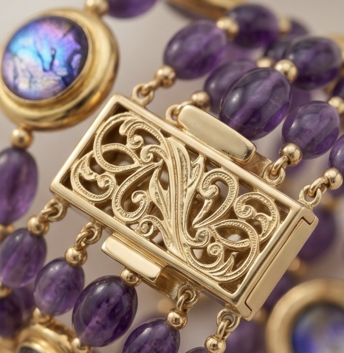 Baroque Style Beauty 39.5 carat Amethyst 14K Gold over .925 Sterling Silver handcrafted Bracelet - Clasp detail of Baroque-style amethyst bracelet with 14K gold accents