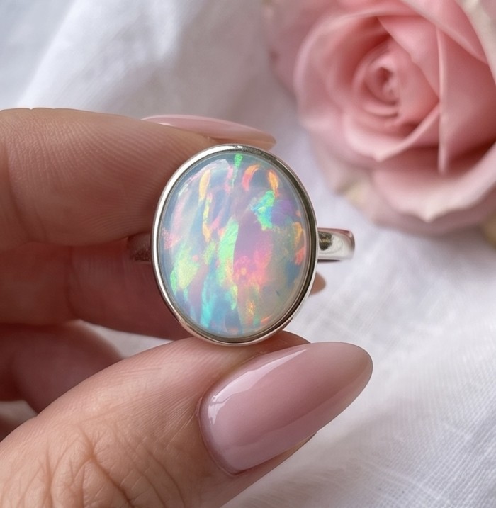 Aurora Genuine 12.5 carat doublet Australian Opal .925 Sterling Silver handmade Ring size 6 - Close-up of Aurora 12.5 ct doublet Australian Opal ring with pink nails.
