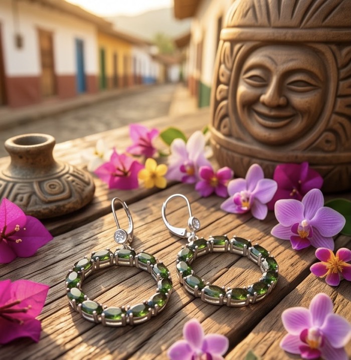 Authentic 22.9 carat CHROME DIOPSIDE from Siberia .925 Sterling Silver handmade Large Statement earrings - Close-up of chrome diopside earrings with flowers and pottery background.