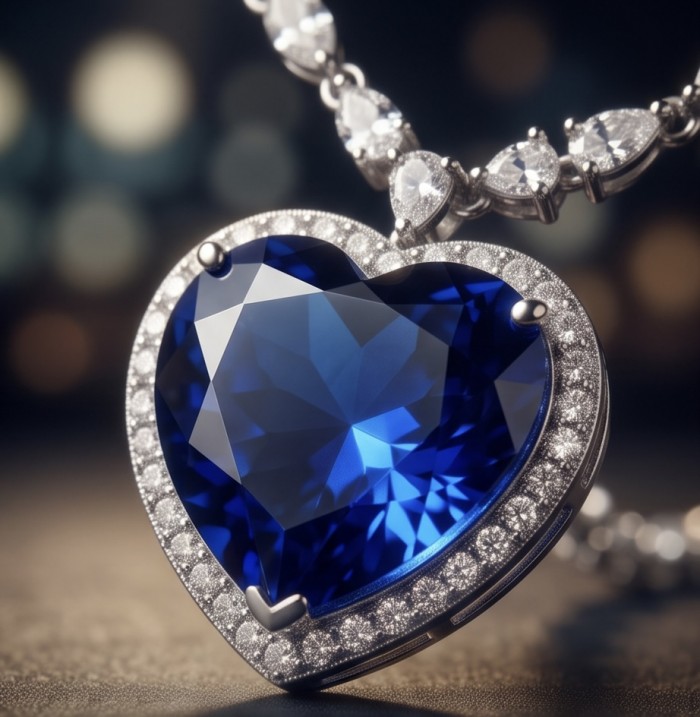 Titanic - Heart of The Ocean Necklace ~ 24.5 Ct Blue Sapphire Necklace In 925 Sterling Silver necklace - Close-up of Titanic Heart of The Ocean Necklace with blue sapphire