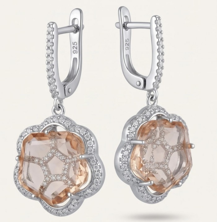 Tae Rose 11.5 carat Morganite .925 Sterling Silver handmade Statement Earrings - Close-up of Tae Rose Morganite earrings with .925 Sterling Silver detailing.