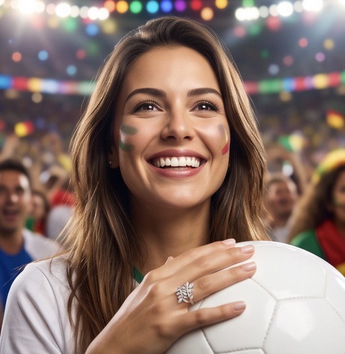 Real Beauty - 4.5 carat White Sapphire .925 Sterling Silver Handcrafted Statement Ring size 6 1/4 - Woman wearing Real Beauty sapphire ring, holding a soccer ball.