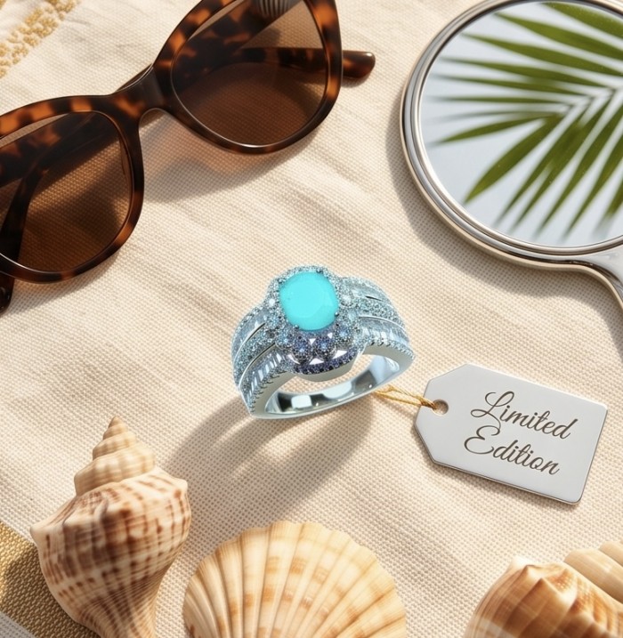 Elizabeth 4.2 carat Colombian Emerald .925 Sterling Silver dipped in Rhodium handcrafted Ring size 7 - Emerald ring close-up with sunglasses and seashells; limited edition tag.