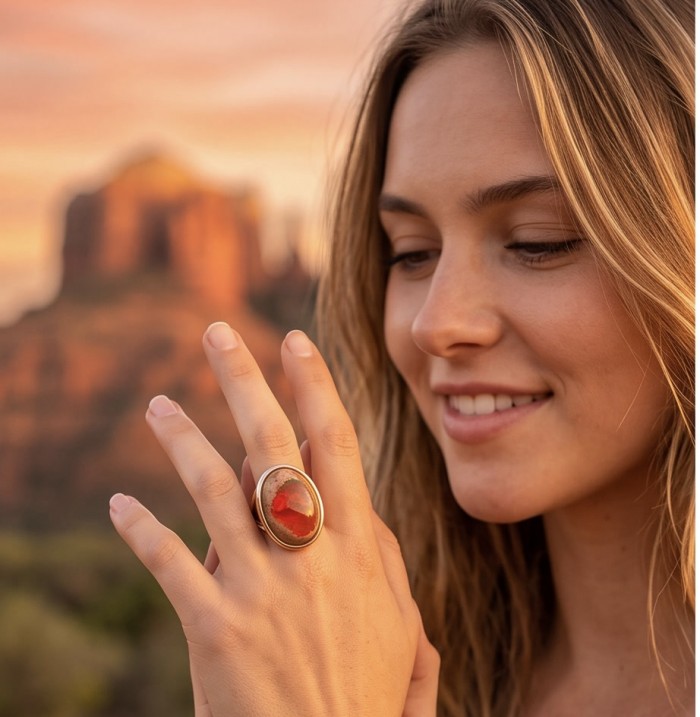 Golden Galaxy best quality 15.2 carat Mexican Opal 18K Gold over .925 Sterling Silver handmade ring 8 - Woman wearing 15.2 carat Mexican Opal ring in sunset background