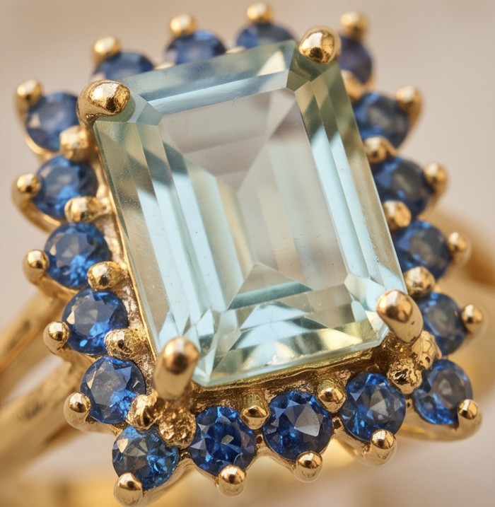 Spring 5.8 carat Green Amethyst .925 Sterling Silver dipped in rhodium handcrafted ring size 5 - Close-up of green amethyst ring with blue stone accents, gold prongs.
