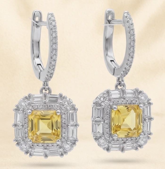 Art Deco - Luxurious asscher cut 7.5 carat Yellow Sapphire .925 Sterling Silver handcrafted earrings - Yellow sapphire earrings, front view, with diamond halo detailing.