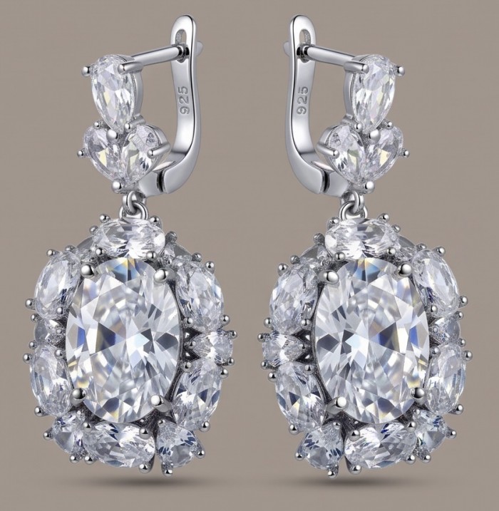 Elizabeth Natural 15.2 carat Moissanite .925 Sterling Silver handcrafted earrings - Front view of Elizabeth Moissanite earrings in sterling silver