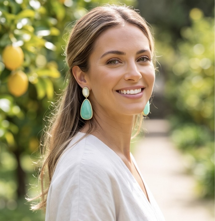 Divine Beauty 38.5 carat Aquamarine 22K Gold over .925 Sterling Silver Handcrafted Earrings - Woman wearing Divine Beauty aquamarine earrings in garden setting.