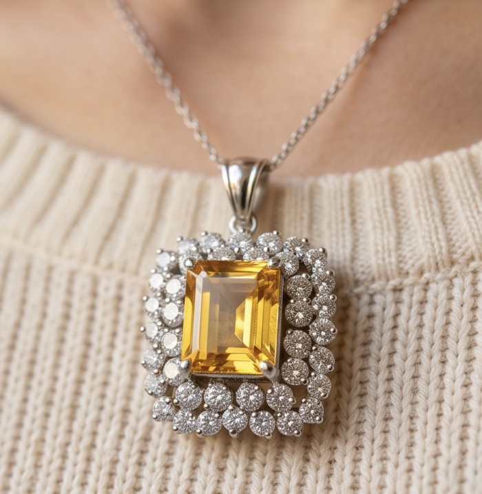 Costa del Sol 15.4 carat Lemon Quartz rhodium over .925 Sterling Silver handcrafted pendant - Close-up of Costa del Sol lemon quartz pendant worn on neck
