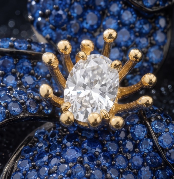 Amazonia - 38.8 carat pave Colombian Sapphire 2 tones .925 Sterling Silver handmade Statement Earrings - Close-up of Amazonia jewelry with sapphire pavé and gold detailing.
