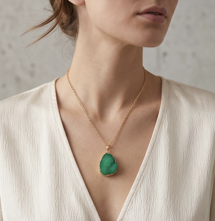 Boho Style Genuine Green Druzy golden handmade necklace - photo 1