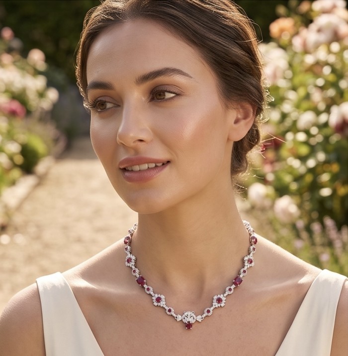 Leo - the King - Genuine 22.8 carat Ruby rhodium over .925 Sterling Silver handcrafted Statement Necklace - Side view of Leo - the King, 22.8 carat Ruby necklace worn on model.