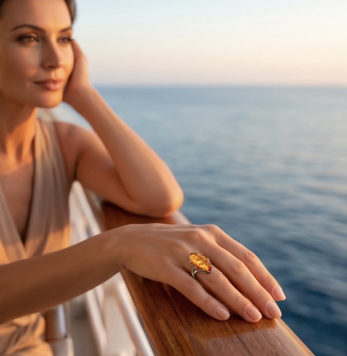 Serenity Natural Golden Baltic Amber 14K Gold over .925 Sterling Silver handmade Statement Ring size 7 - Golden Baltic Amber ring worn on hand, ocean background