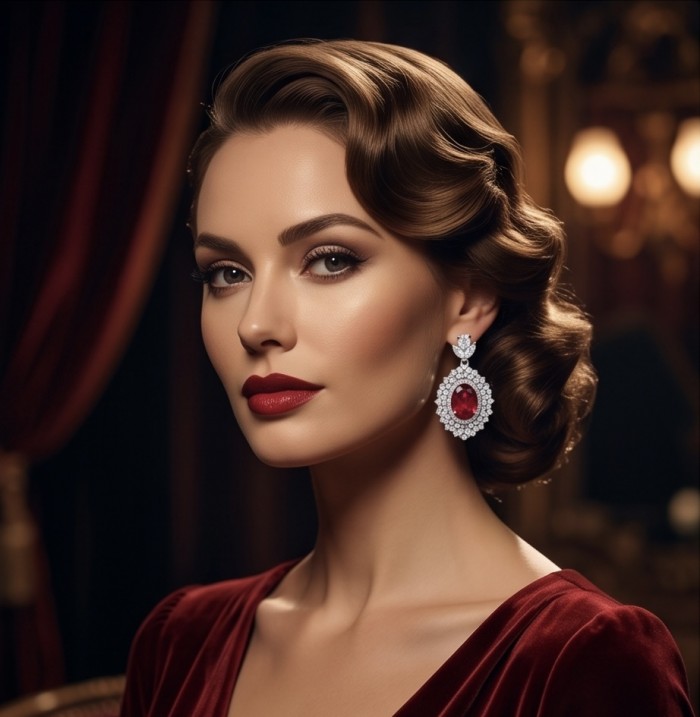 Exquisite 7.4 ctw Mozambique Ruby .925 Sterling Silver dipped in rhodium handcrafted Statement earrings - Woman wearing Exquisite 7.4 ctw Mozambique Ruby earrings, frontal view