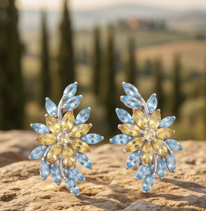 Giovanna - Authentic 12.9 carat Brazilian Citrine .925 Sterling Silver dipped in rhodium handcrafted earrings - Front view of floral earrings with citrine and blue stones.