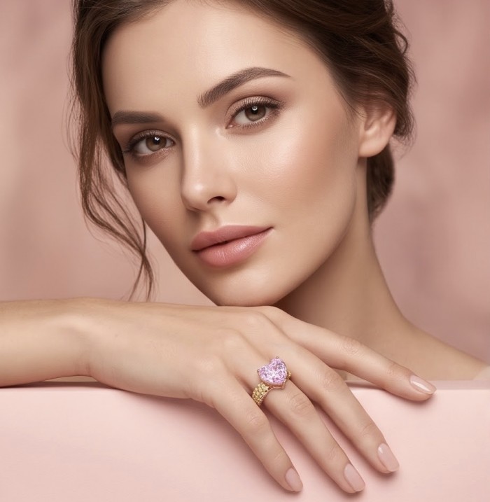 Angel's Heart 10.2 carat Pink Sapphire .925 Sterling Silver dipped in Rhodium plated with 18k Rose Gold Handcrafted Statement Ring size 6 3/4 - Pink sapphire ring worn on hand, close-up view.