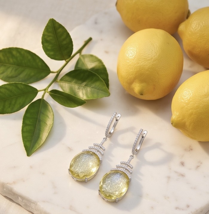 Summer Time 17.8 carat Lemon Quartz rhodium over .925 Sterling Silver handcrafted Statement Earrings - Summer Time Lemon Quartz earrings with lemons and leaves, top view.