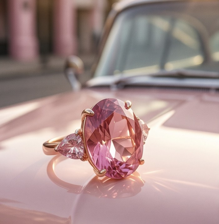 Pink Rhapsody Natural 21.6 carat Pink Sapphire .925 Sterling Silver dipped in 18K Rose Gold handmade Statement Ring size 8 1/4 - Close-up of Pink Rhapsody Natural 21.6ct Pink Sapphire ring on car hood