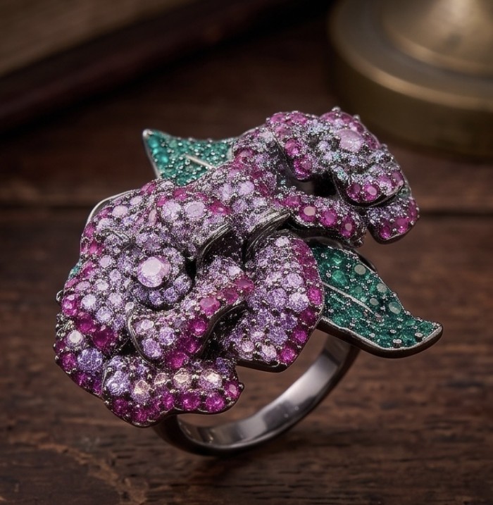 Wild Roses Authentic 3.5 carat pave Ruby 1.9 carat Emerald .925 Sterling Silver brilliantly dipped in black rhodium handcrafted Statement ring; s. 8 1/4 - Wild Roses ring side view with ruby and emerald pave stones.
