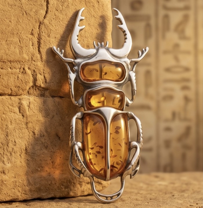Secret Scarabaeus Baltic Polish Amber .925 Sterling Silver dipped in Rhodium Pendant / Brooch - Scarab beetle pendant with amber, front view on sandstone backdrop.