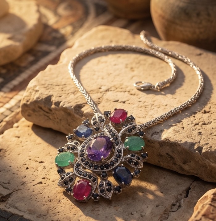 Generational Wisdom - Natural 27.8 carat Multigem .925 Sterling Silver handcrafted Necklace - Pendant - Brooch - Ornate multigem necklace on stone, showcasing pendant details