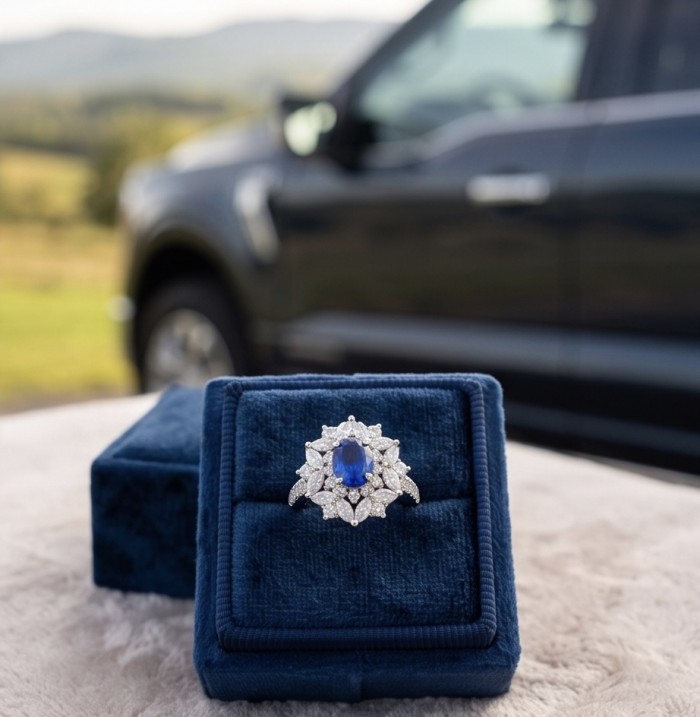 Classy design - 4.2 carat natural Sapphire .925 Sterling Silver Perfectly handcrafted Ring s. 5 - Close-up of sapphire ring in box, car and landscape in background.