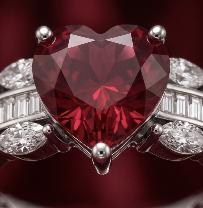 Red Heart 4.8 carat natural Garnet rhodium over .925 Sterling Silver Handcrafted Ring size 8 1/4 - Close-up of red heart garnet ring with diamond accents.