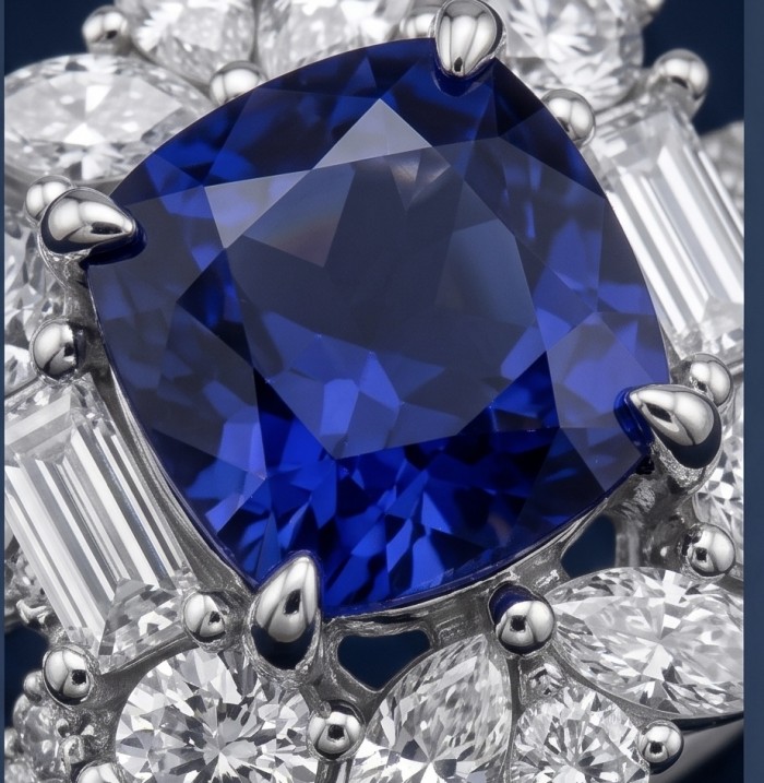 Classy design - princess cut 3.2 carat natural Sapphire .925 Sterling Silver Perfectly handcrafted Ring s. 7 1/2 - Close-up of princess cut 3.2 carat natural sapphire in classy design ring