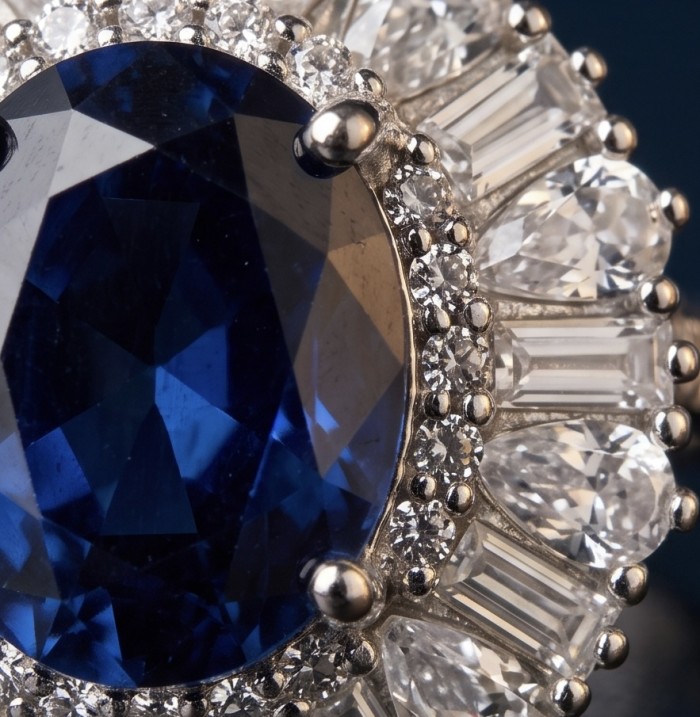 Authentic 4.9 carat Sapphire Moissanite .925 Sterling Silver handcrafted Ring size 5 - Close-up of sapphire and moissanite ring on sterling silver.
