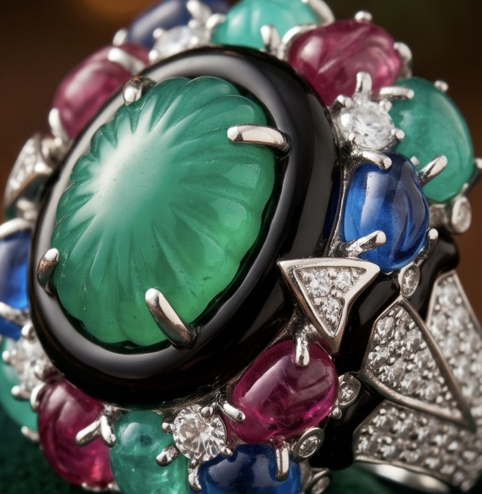 Iconic design - Natural 41.5 carat carved Emerald Ruby Sapphire rhodium over .925 Sterling Silver handcrafted ring size 7 1/4 - Close-up of colorful gemstone ring with carved emerald centerpiece