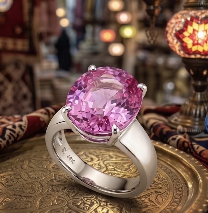 Anastasia 15.8 carat Pink Sapphire .925 Sterling Silver dipped in Rhodium Handcrafted Statement Ring size 6 3/4 - Close-up of Anastasia 15.8 carat Pink Sapphire on sterling silver ring