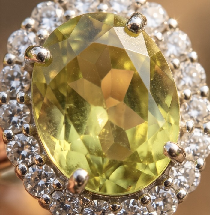 Nature 10.9 carat authentic Himalayan Peridot .925 Sterling Silver dipped in Rhodium Handcrafted Statement Ring size 6 - Close-up of Himalayan Peridot ring with diamonds in sterling silver setting