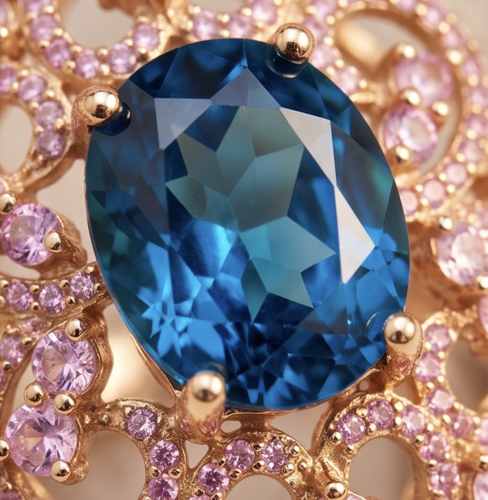 Victorian design 10.8 carat authentic London Blue Topaz 22k Rose Gold over.925 Sterling Silver handmade Statement Ring size 6 1/4 - Close-up of Victorian design jewelry with London Blue Topaz