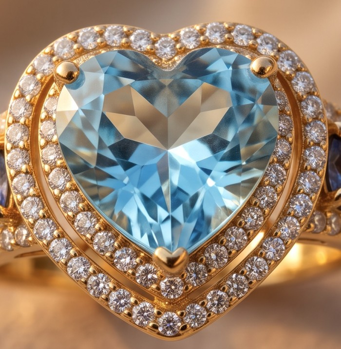 ANGEL'S HEART 6.8 carat Swiss Blue Topaz .925 Sterling Silver dipped in 22K Gold handcrafted ring size 8 - Close-up of heart-shaped blue topaz ring with diamond accents