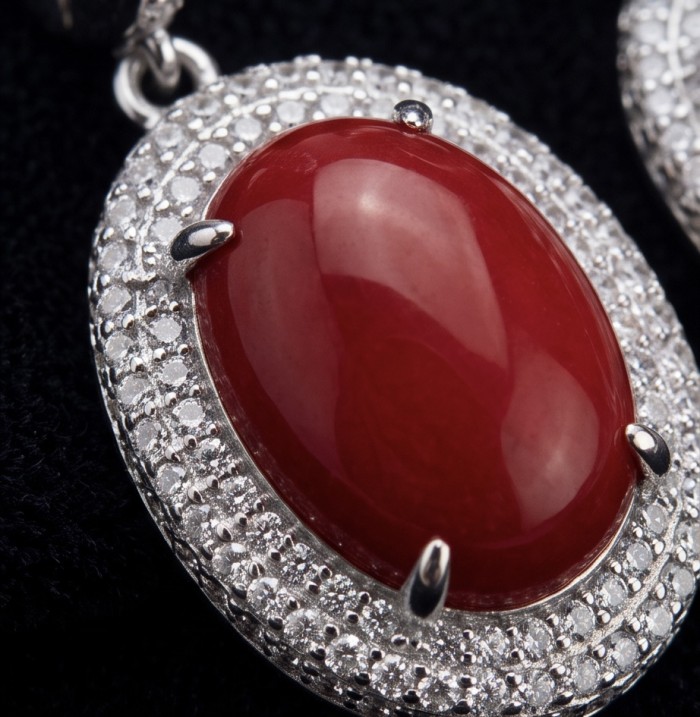 Elizabeth Natural Fossilized Coral 2.8 carat Moissanite .925 Sterling Silver handcrafted earrings - Stone close-up of Elizabeth Natural Fossilized Coral 2.8 carat Moissanite