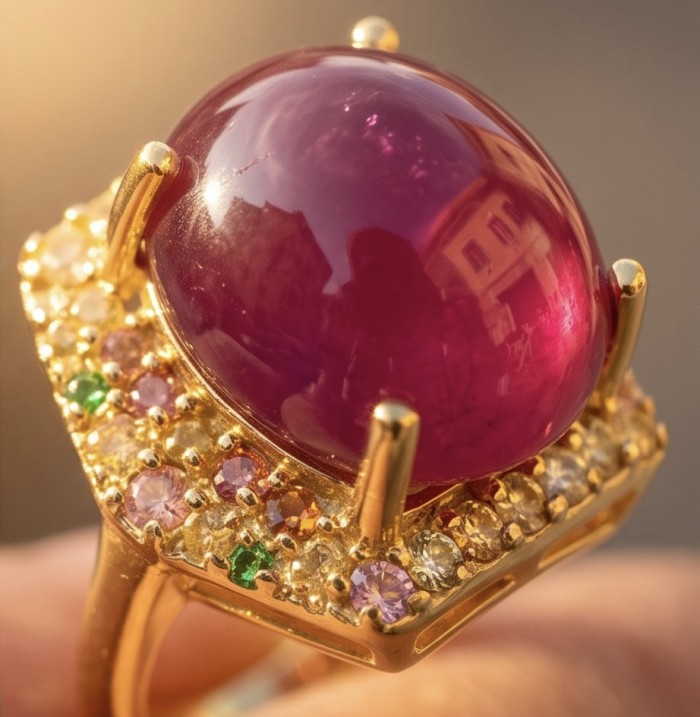 Opera Genuine 28.5 CARAT Mozambique Ruby 22K Gold over .925 Sterling Silver Large Statement Ring size 7 - Close-up of Opera Genuine Mozambique Ruby ring in 22K gold.