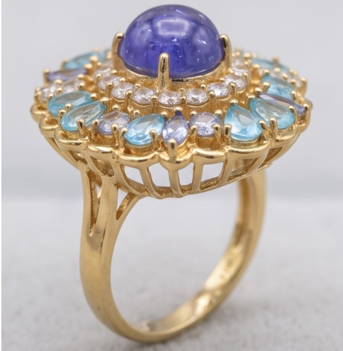 Emily oval cut 5.7 carat Authentic Tanzanite 22K Gold over .925 Sterling Silver handmade Statement ring size 8 - Side view of Emily 5.7 ct Tanzanite ring, 22K gold setting.