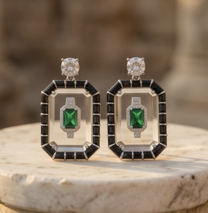 Art Deco - Magnificent Jewel 6.5 carat Colombian Emerald Enamel .925 Sterling Silver dipped in Rhodium handcrafted earrings - Front view of Art Deco earrings with emerald and diamond detail.