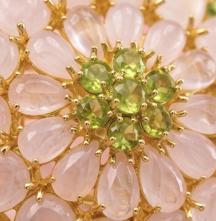 Vintage Floral design genuine 48.5 carat Brazilian Rose Quartz 18k Gold over .925 Sterling Silver handmade Pendant - Brooch - Close-up of vintage floral design jewelry with rose quartz and green stones.