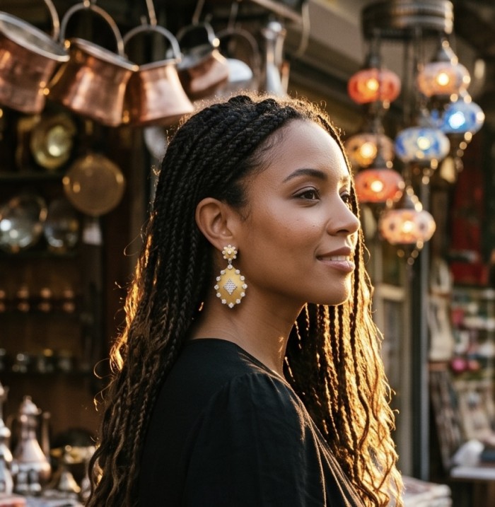Byzantine Style White Topaz 14K Gold over .925 Sterling Silver handcrafted earrings - Side view of Byzantine Style earrings on person in a market setting.
