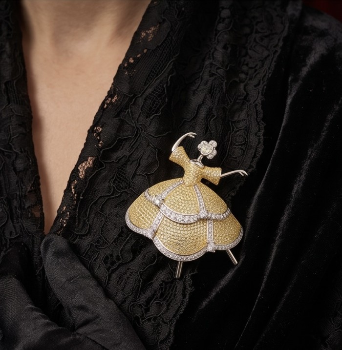Ballerina - Precious pave 4.9 carat Moissanite 18K Gold rhodium over .925 Sterling Silver handmade Pendant - Brooch - Ballerina brooch on lace fabric, showing gold and moissanite details.