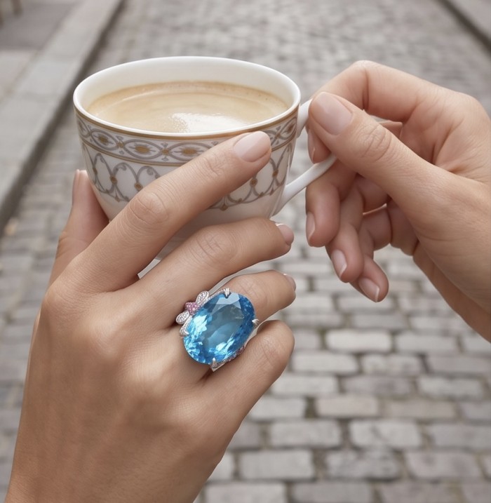 Pacifica - Authentic 30.8 carat Swiss Blue Topaz Rhodium over .925 Sterling Silver handcrafted Large Statement ring size 7 1/4 - Worn on hand, 30.8 carat Swiss Blue Topaz ring with intricate cup design.