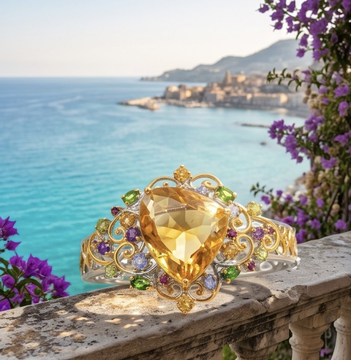 Marie Antoinette's Style - Authentic 28.9 carat Brazilian Citrine .925 Sterling Silver dipped in 18K Gold handcrafted Bracelet - Jewelry with yellow gemstone on balcony overlooking ocean and coastline.