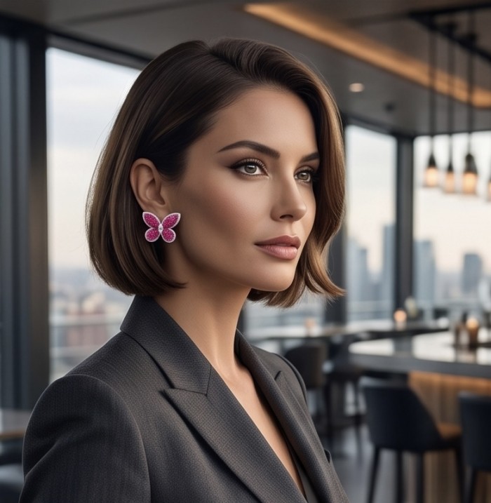 Real Beauty natural 22.5 CARAT Ruby Butterflies .925 Sterling Silver Large handcrafted earrings - Side view of Real Beauty Ruby Butterflies earrings worn by model.